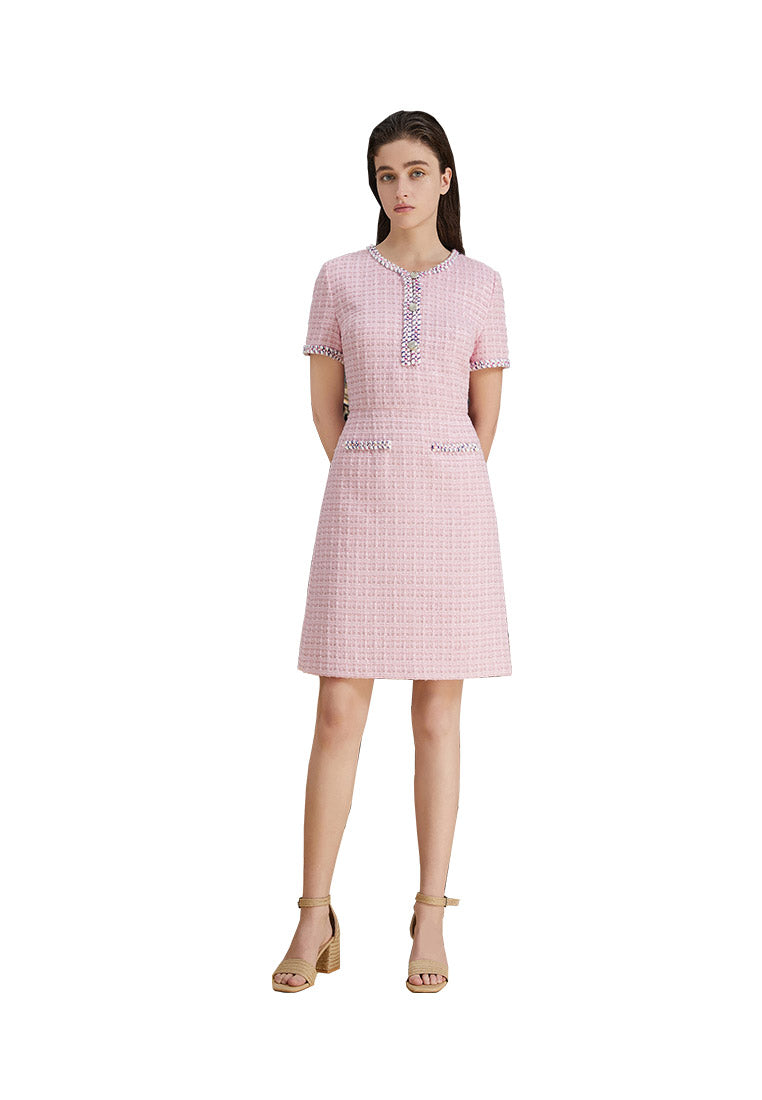 Pearl-trimmed Pink tweed dress